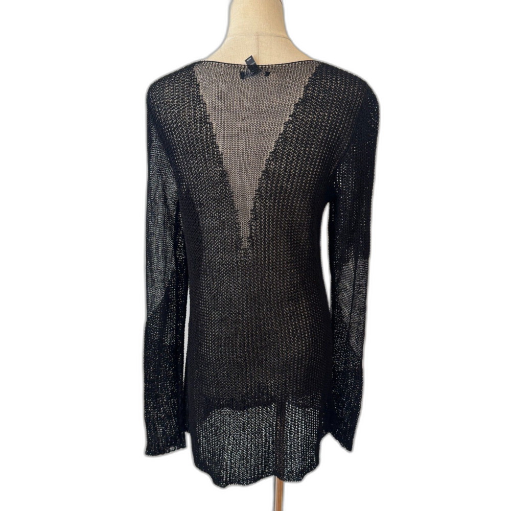 Eileen Fisher M Black Linen Viscose Mesh Sweater Sheer Back Made USA Lagenlook